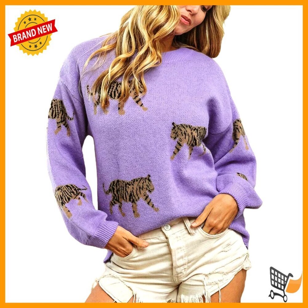 Vintage Tiger Print Pullover Sweater Y2K Oversized Streetwear Fall Knitwear